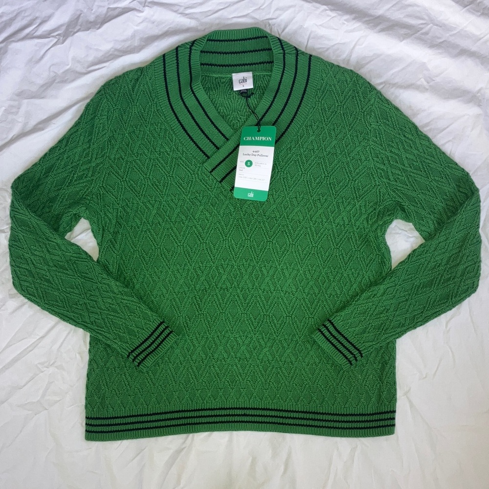 CAbi Green V-Neck Cable Knit Sweater with Black Trim